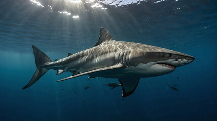 Fototapeta premium A great white shark is swimming in the sea with the effect of sunlight from outside
