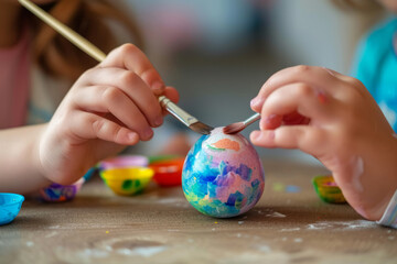 Hands of children coloring an Easter egg. The concept of developing children's creativity.
