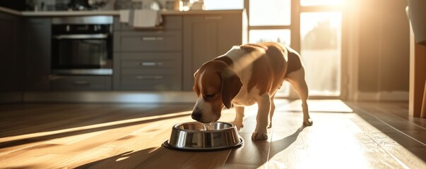 Dog drinking water detail from metal bowl in kitchen background. - obrazy, fototapety, plakaty