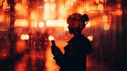 Fototapeta premium person stand and feel happy on use phone the most hight of technology communication, city, building, male, dark, light, business