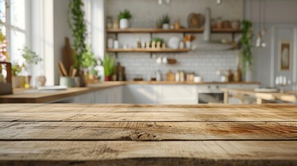 Fototapeta na wymiar Wooden table on blurred kitchen bench background, Advertisement, Print media, Illustration, Banner, for website, copy space, for word, template, presentation