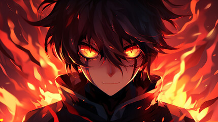 An intense illustration of a Anime style character with glowing red eyes surrounded by flames - obrazy, fototapety, plakaty
