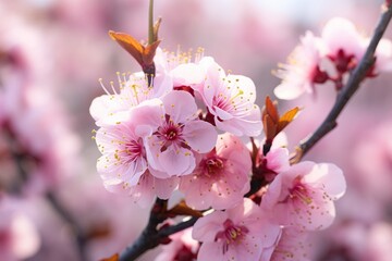 Blooming apricot twigs on a blurred background of an orchard. The concept for the development of horticultural farms, small businesses, growing non-GMO products.
