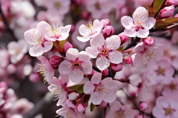 Naklejka premium Blooming cherry twigs on a blurred background of an orchard. The concept for the development of horticultural farms, small businesses, growing non-GMO products. 