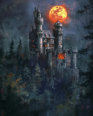 Obraz premium A large, intricate castle nestled within a dark and dense forest, illuminated by a bright full moon, A castle with a full moon in the background
