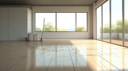 3d rendering of empty room with white wall and floor and cleaning equipment