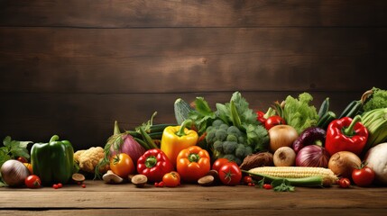Fresh healthy vegetables on wooden table over grunge background, copy space