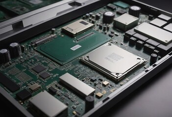 Modern CPU processor installed on a brand new motherboard, object detail, extreme closeup, nobody.