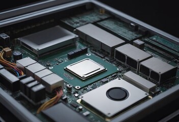Fototapeta premium Modern CPU processor installed on a brand new motherboard, object detail, extreme closeup, nobody.