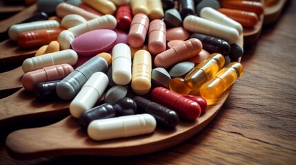 Various tablets, pills, capsules, Antibiotics, painkillers, Vitamins, dietary supplements, antimicrobials, opioids on a wooden background. Pharmaceutical industry, Medicine, Healthcare concepts. - obrazy, fototapety, plakaty