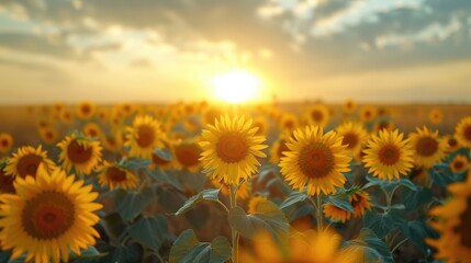 Obraz premium sunrise over a field of sunflowers, early morning light, clear sky, large sunflowers 