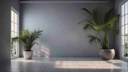 Silver color gradient studio background for product presentation. Empty room with shadows of window and flowers and palm leaves. 3D room with copy space. Summer concert. Blurred backdrop. 