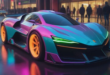 Tuned Sport Car , cyberpunk Retro Sports Car On Neon Highway. Powerful acceleration of a supercar on a night track with colorful lights and trails