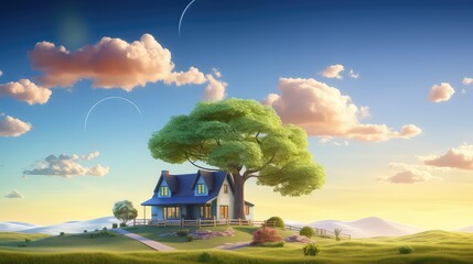 House in the meadow with a big tree. 3d render