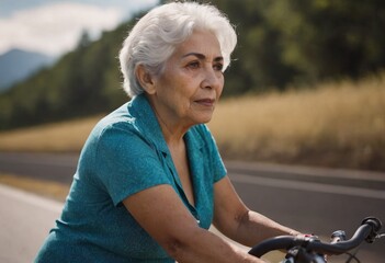 Fototapeta premium An elderly female cyclist riding a bicycle. An active elderly grandmother enjoying a healthy lifestyle and freedom