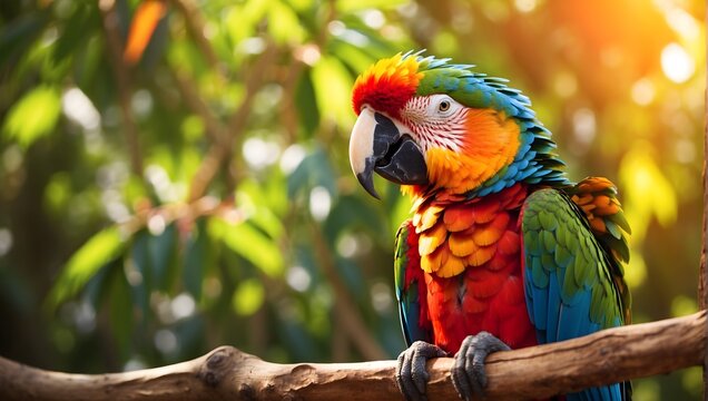 High-definition image, 8K, lush tropical setting, close-up of a vibrant macaw parrot perched on a colorful branch, bathed in warm sunlight, capturing every vivid detail. generative AI