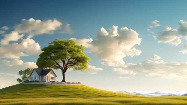 House in green field with tree and blue sky. 3d rendering