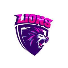 angry lion head mascot shield logo vector graphic illustration