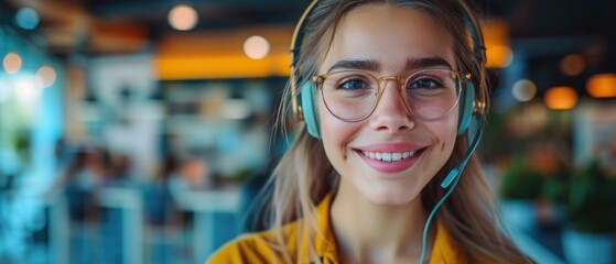 A woman wearing glasses and a headset smiling. Generative AI.