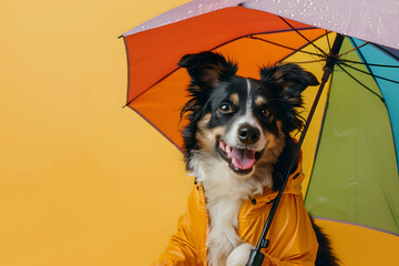 Funny cute dog with colorful umbrella on background. - obrazy, fototapety, plakaty