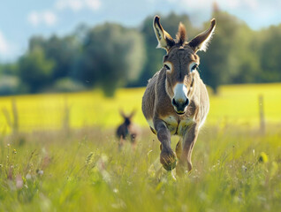 a donkey running towards you, he has a saddle on with big saddle bags, he is outdoors near a forest, in the style graphic art