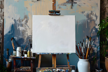 Wooden easel with blank canvas and painting tools near color wall in artist's room.