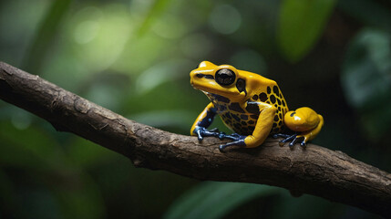 Fototapeta premium Golden poison dart frog perched on a tree branch with sufficient light high resolution