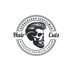 skull barbershop haircuts vintage badge logo vector graphic illustration