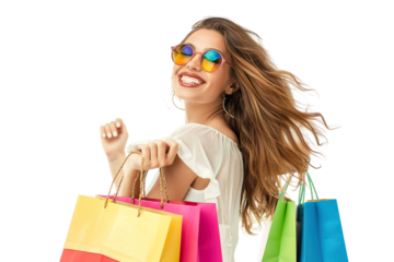 Cheerful happy woman enjoying shopping, isolated white background PNG