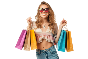 Cheerful happy woman enjoying shopping, isolated white background PNG