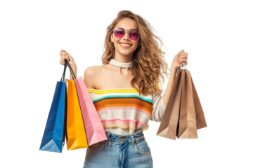 Cheerful happy woman enjoying shopping, isolated white background PNG