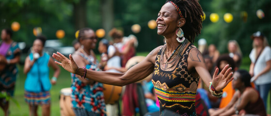 Woman dancing joyfully at an outdoor cultural festival. Outdoor photography capturing movement and vibrant energy. Celebration and community concept