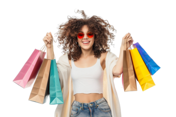 Cheerful happy woman enjoying shopping, isolated white background PNG
