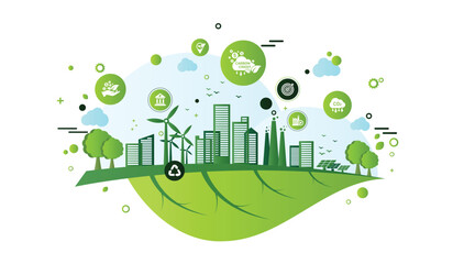 The concept of carbon credit with icons. Tradable certificate to drive industry and company to the direction of low emissions and carbon offset solution. Green vector illustration template.