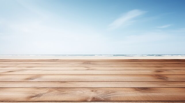 Wooden floor against blue sky with white clouds and sea in background