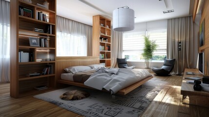 Sleek Bedroom with Stylish Floor-to-Ceiling Bookcase Room Divider