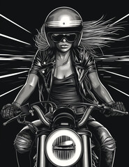 Fototapeta na wymiar print for t-shirt. cyberpunk girl on futuristic motorbike