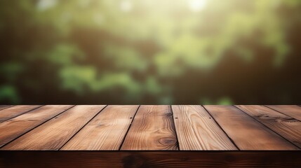 Wooden table top on blur green nature background with bokeh