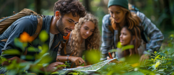 Group of young adults consulting a map during a forest trek. Team collaboration and adventure concept. Design for poster, educational material, and outdoor activity promotion.