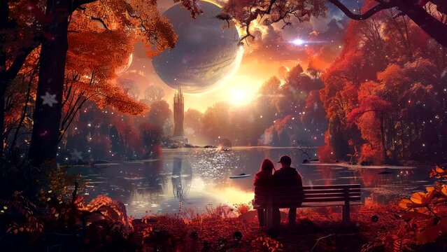 couple sitting on a bench by the lake. Seamless looping time-lapse virtual 4k video animation background