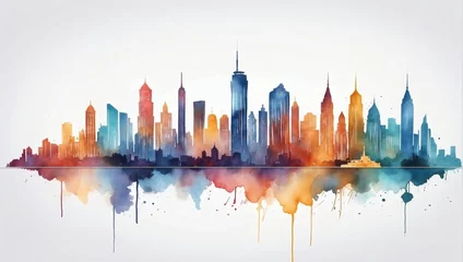 Fotobehang City skyline vector. Minimal urban art with watercolor brush and golden line art texture. Abstract art wallpaper for prints, Art Decoration, wall arts, and canvas prints. © xKas