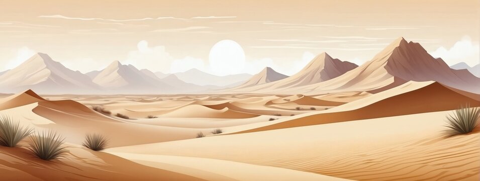 Desert landscape background vector. Minimal sand dune art with watercolor brush and golden line art texture. Abstract art wallpaper for prints, Art Decoration, wall arts, and canvas prints. 