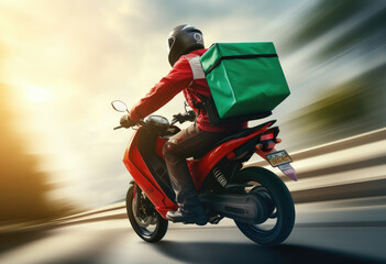 fast  Delivery man riding a motorcycle with green delivery box