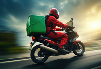 fast  Delivery man riding a motorcycle with green delivery box