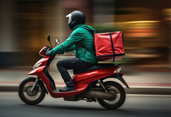 Fototapeta na wymiar fast Delivery man riding a motorcycle with green delivery box