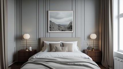 Modern Bedroom with Grey Tones and Artistic Wall Decor Overlooking Nature