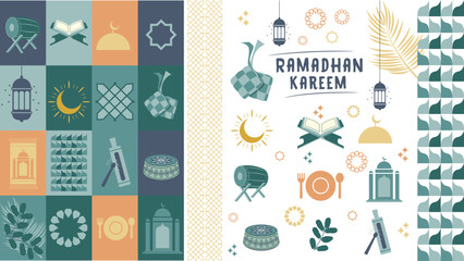 Vector illustration Ramadan theme design with illustrations of the Koran, prayer mat, dates, worship clothes, mosque, ketupat, moon and lanterns