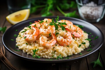 italian lunch shrimp creamy risotto cheese rice fried cook menu on white dish. - obrazy, fototapety, plakaty