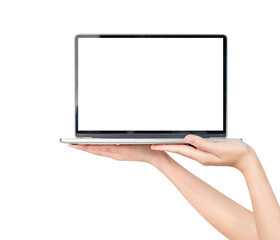 Hand holding computer laptop with blank screen isolated on white background.