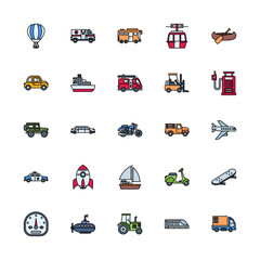 transportation, transport and vehicle vector icon set design filled line style. perfect use for logo, presentation, website, and more. modern icon set design color outline style